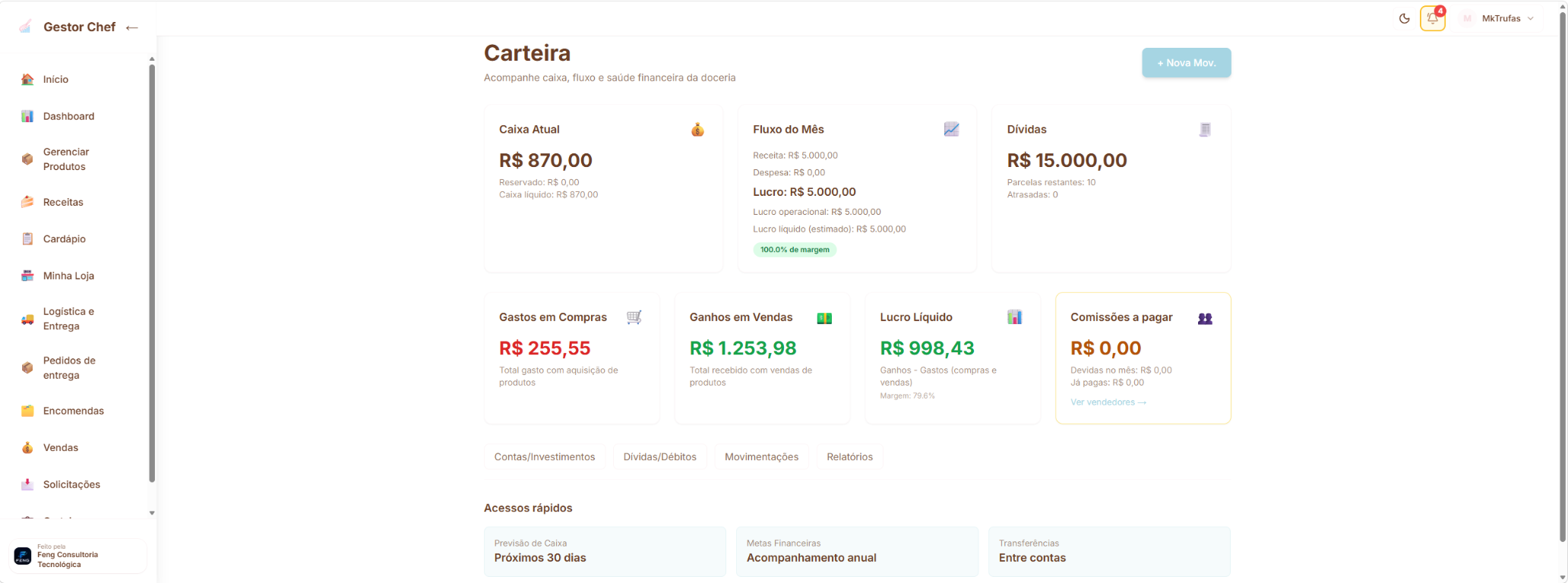 Carteira financeira do Gestor Chef com fluxo de caixa, gastos, ganhos e lucro