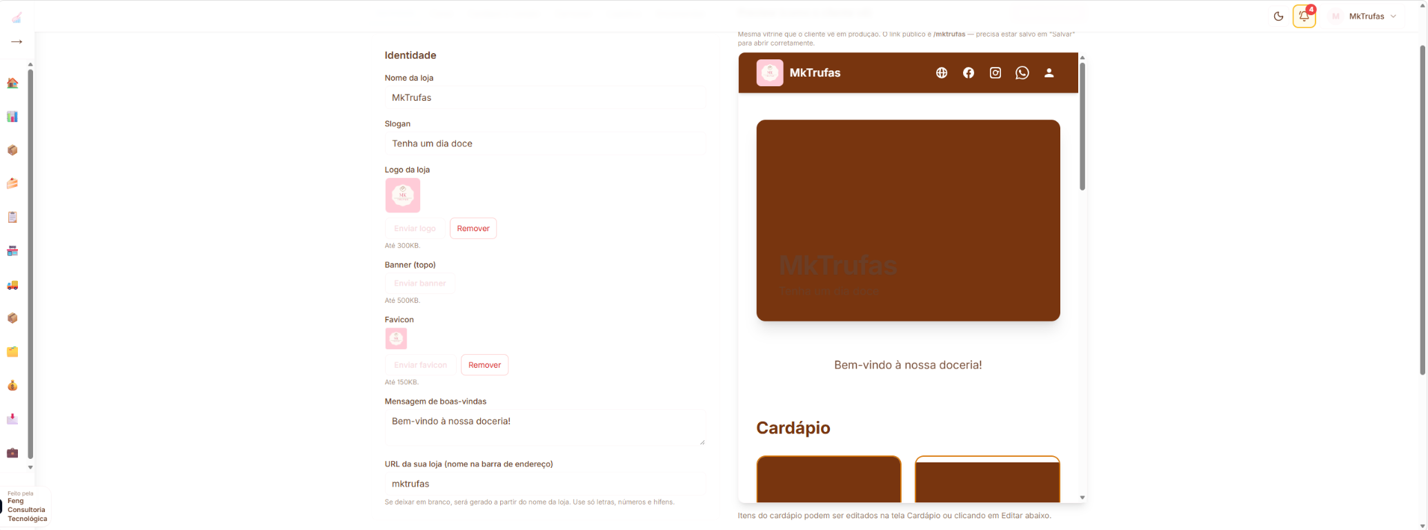 Configuração da loja online do Gestor Chef com prévia da vitrine pública