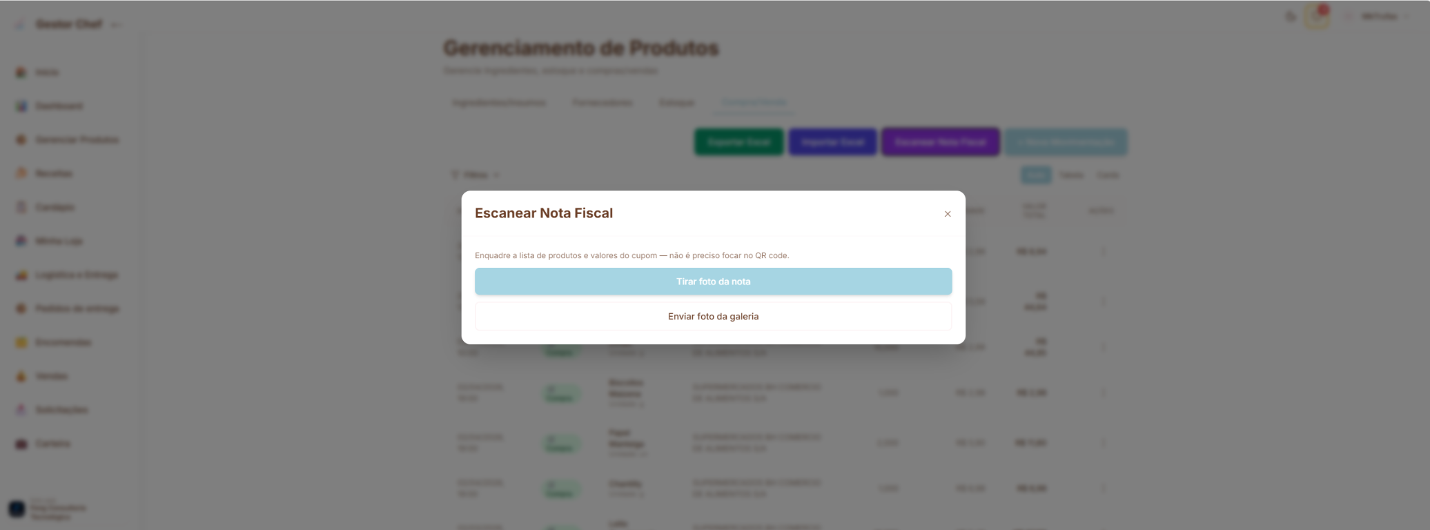 Janela para fotografar ou enviar uma nota fiscal no Gestor Chef