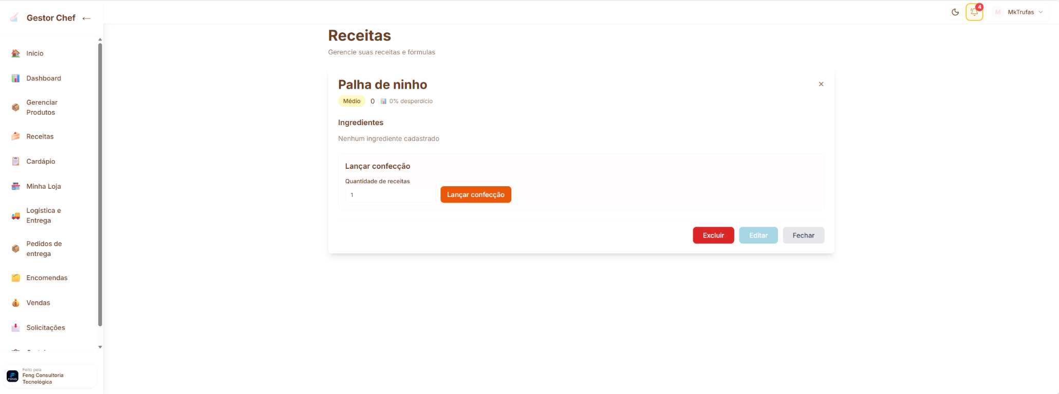Tela de receitas do Gestor Chef com ficha técnica e custo por preparo