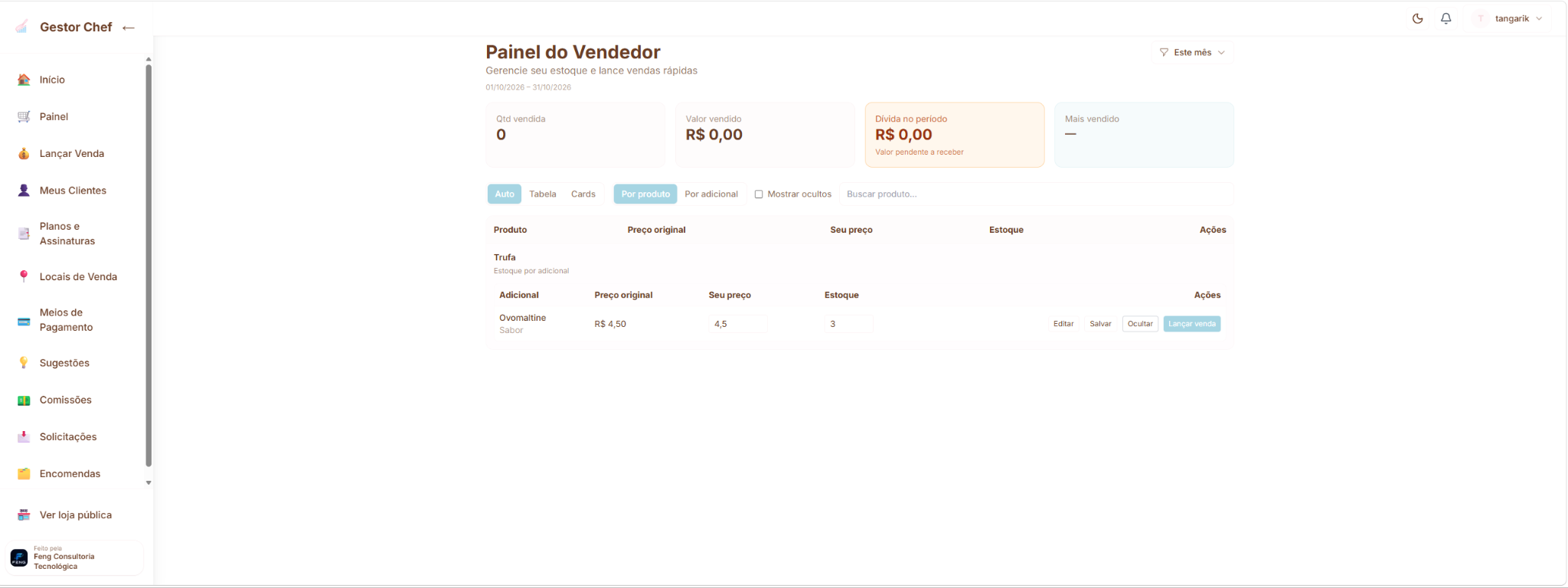Painel do vendedor do Gestor Chef com vendas, metas e comissões